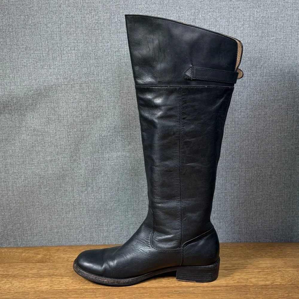 Coach Joele A7088 Black Leather Knee High Riding Boots Buckle Round Toe US 7.5 B